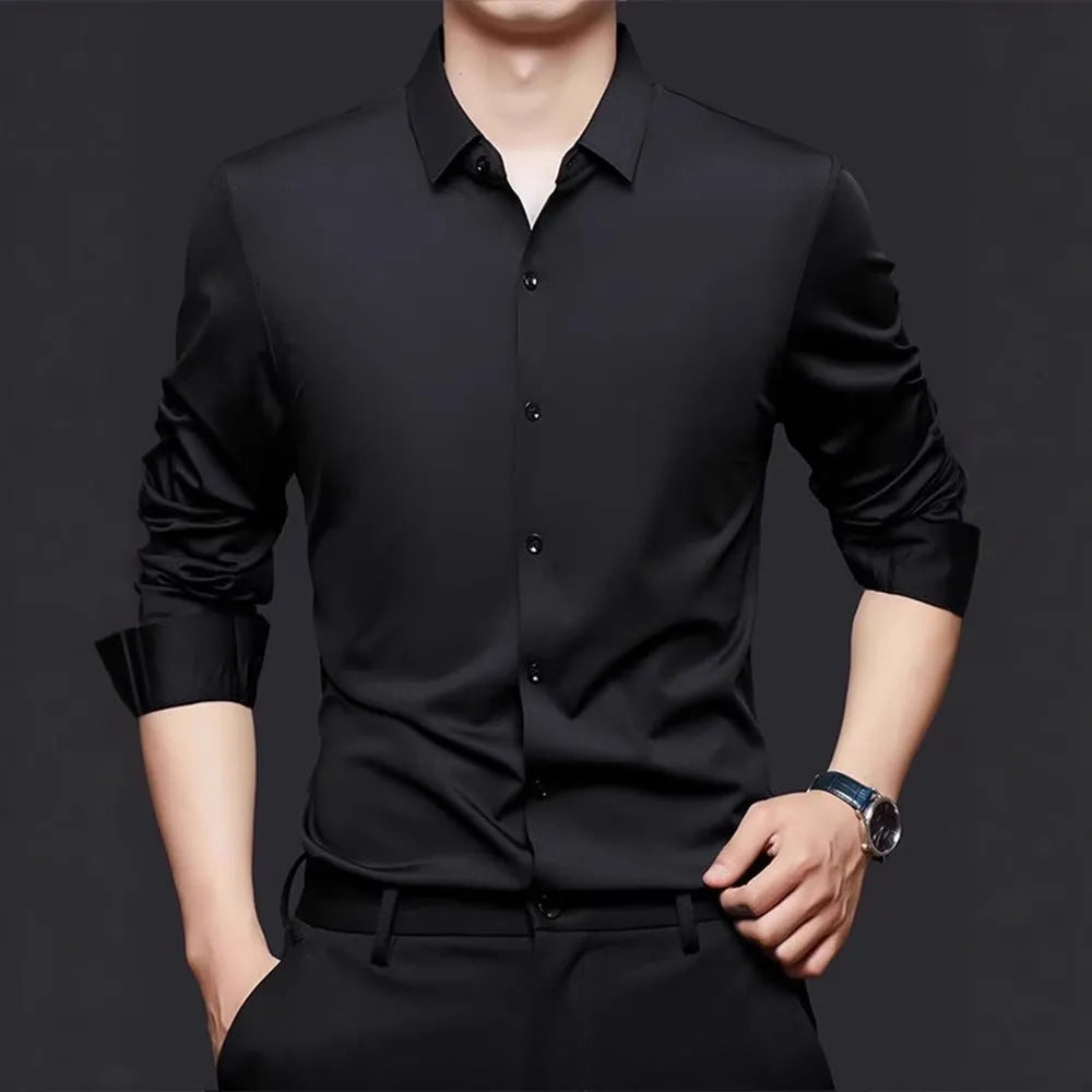 Man wearing a seamless long sleeve elastic shirt in a cardigan style, showing its fit and texture.
