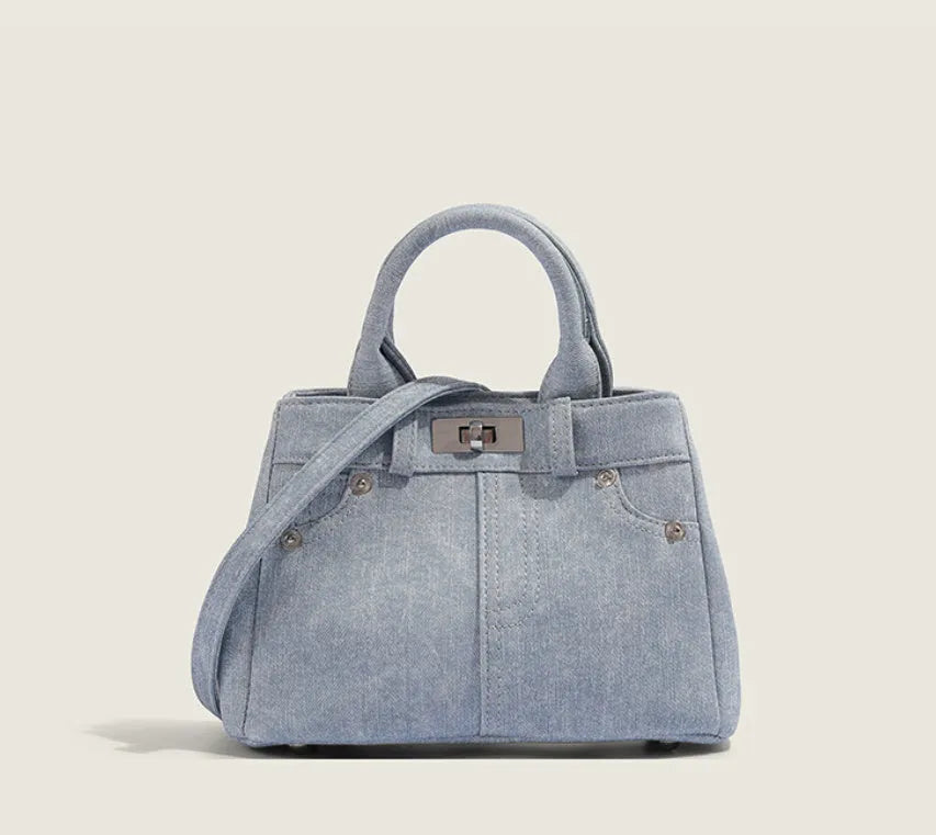 Women's soft PU commuter shoulder bag in denim blue or white with standard size and polyester lining