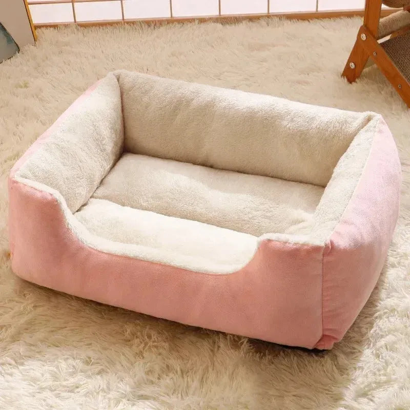 Short plush pet cushion bed for cats and dogs in grey colour, shown in L size 60x45 cm.