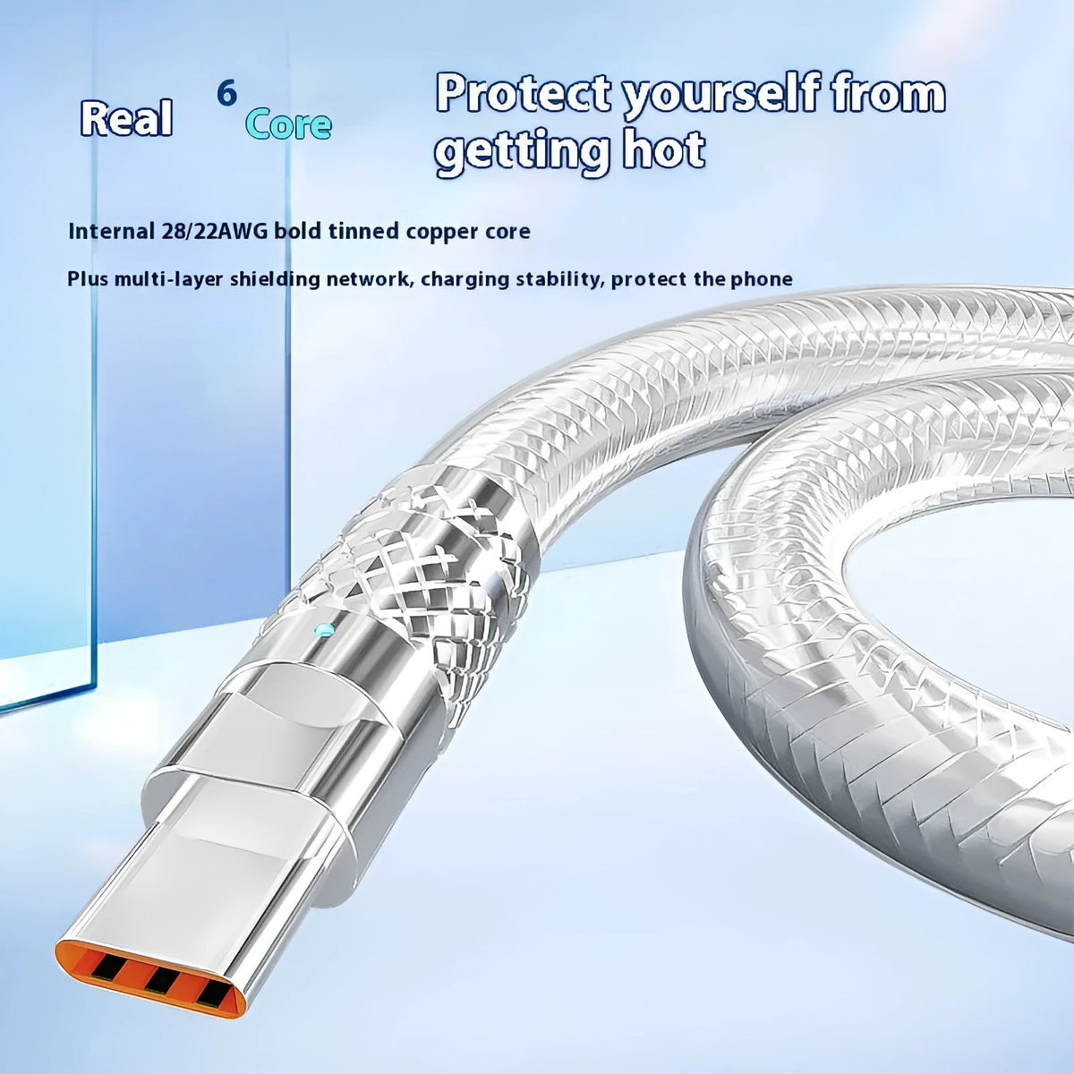 Silver grey woven USB C charging cable with Type-C connector, 6A fast charge, 1m or 1.5m length