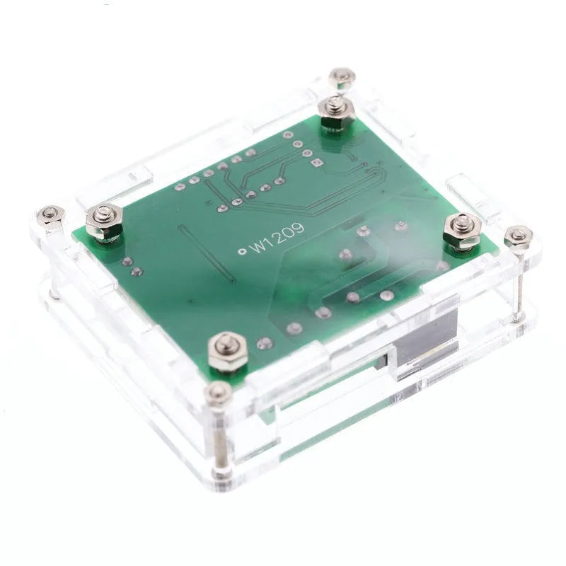 W1209 digital display thermostat with acrylic shell showing blue light indicators