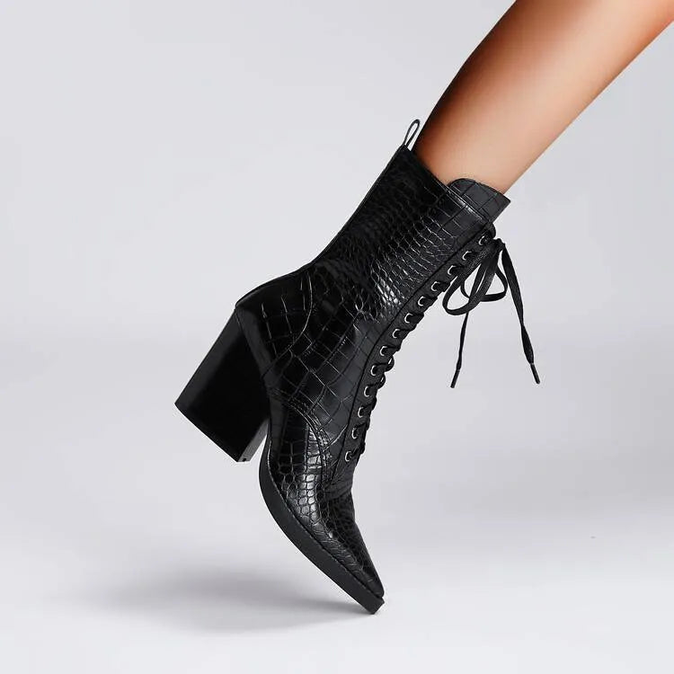 Women's dark brown retro ankle boots with stone pattern, pointed toe, lace front, and chunky heel