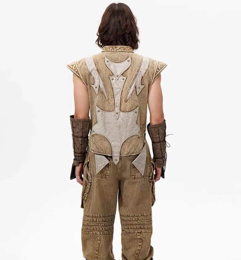 Dark denim pleated vest on hanger showing Korean-style cut and water-washed cotton fabric texture