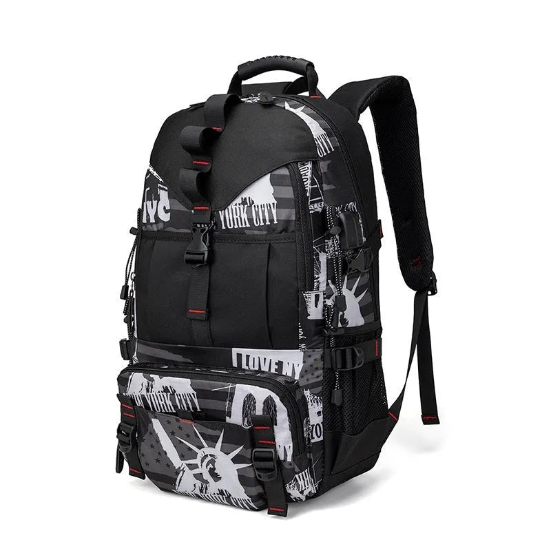 Men's black waterproof Oxford cloth hiking backpack with adjustable straps and multiple compartments.