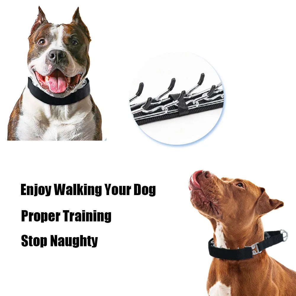 A metal chain dog training collar with a spike design, shown in black, reflective blue, and green colours.