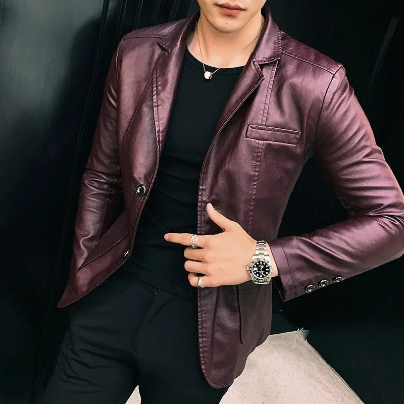 Fashion casual men's suit leather jacket in black with colour block design, shirt collar, double-breasted front, and patch pockets