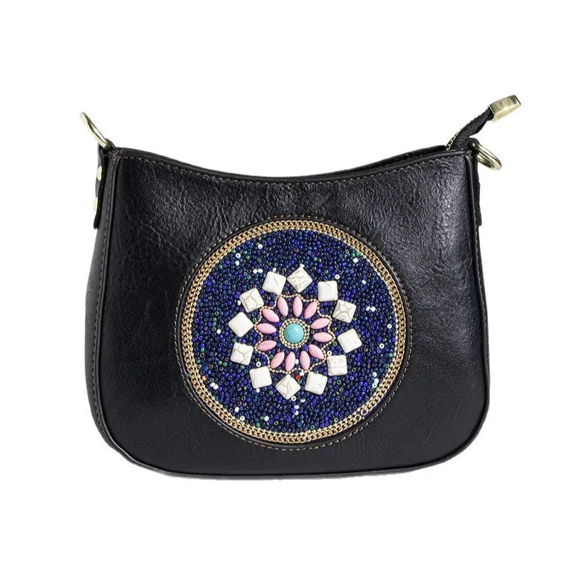 Straw bead turquoise ethnic style tote bucket crossbody bag for women with PU lining