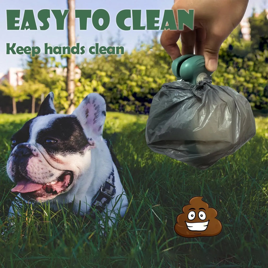Blue portable dog pooper scooper with clip and integrated waste bag compartment.