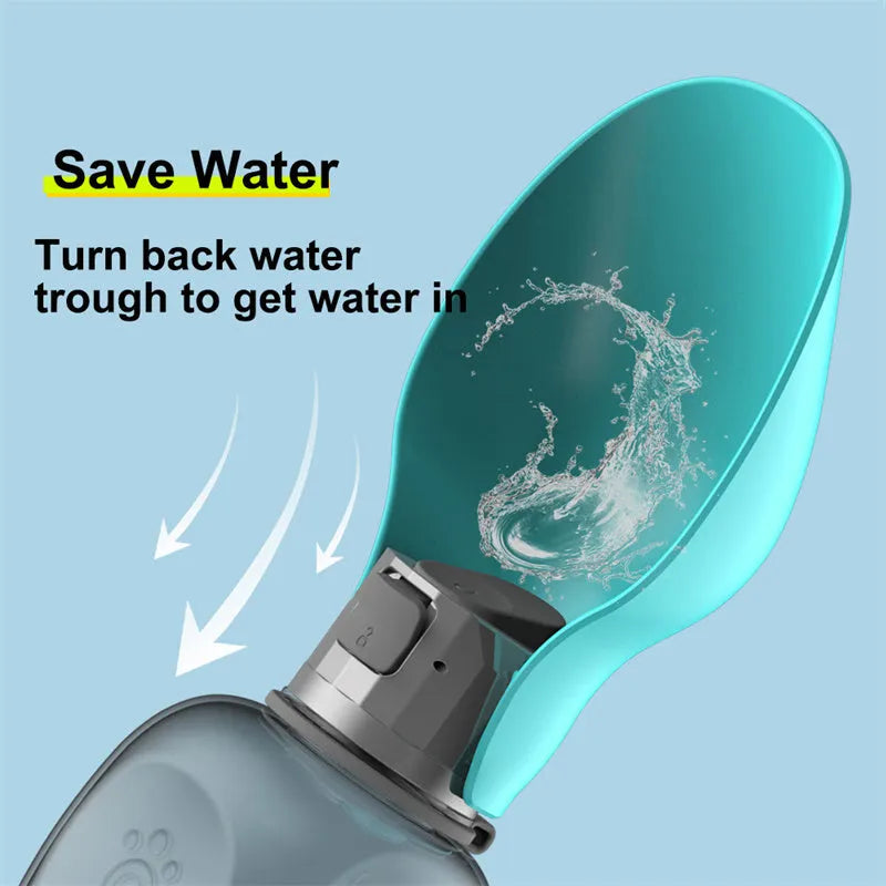 Blue-grey portable dog water bottle with foldable drinking bowl showing 800ml capacity markings
