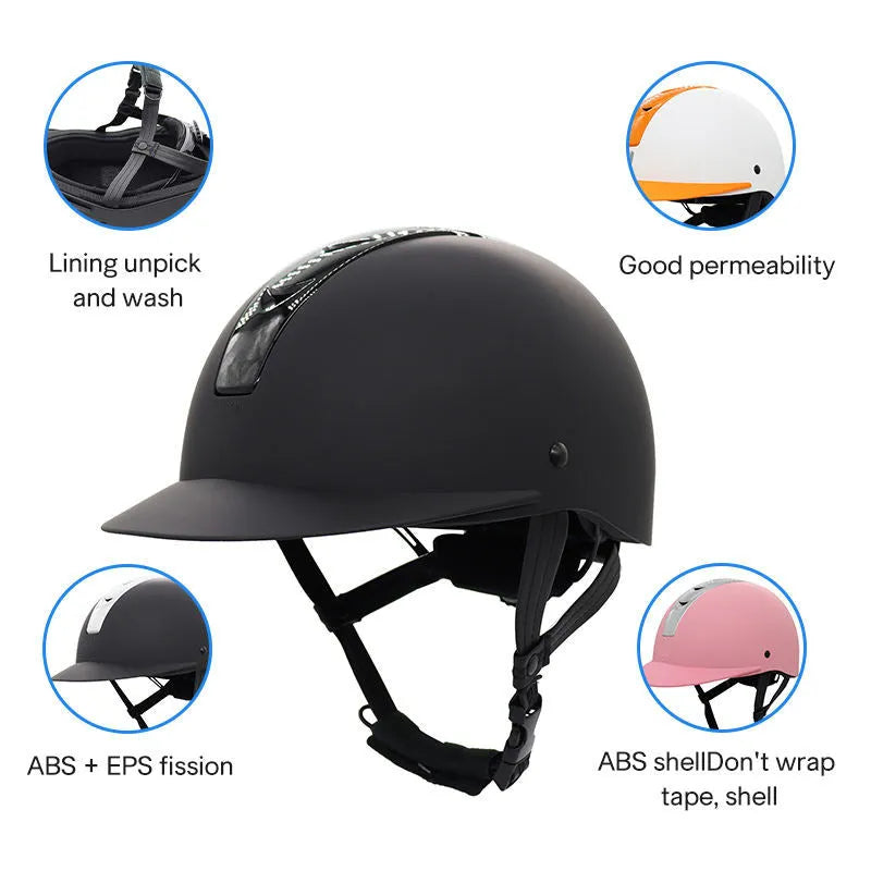 Super light summer equestrian riding helmet in bright black, silver pink, white orange, and silver black colours.