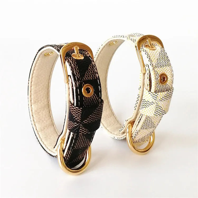 Brown plaid leather dog collar with matching rope set on white background