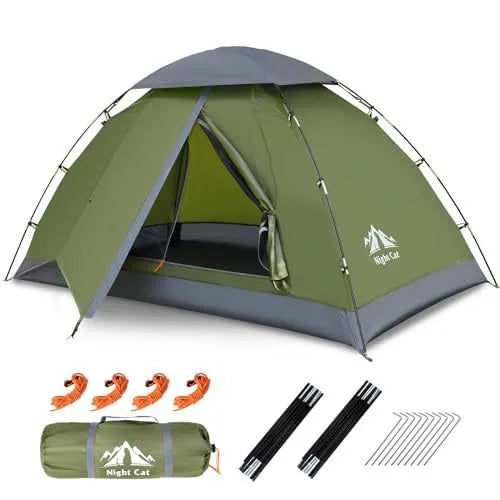 Dark green two-person pop-up camping tent showing automatic frame and waterproof rainfly