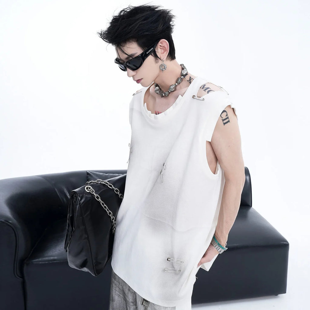Men's black ripped cut vest waistcoat with irregular design and round neck collar