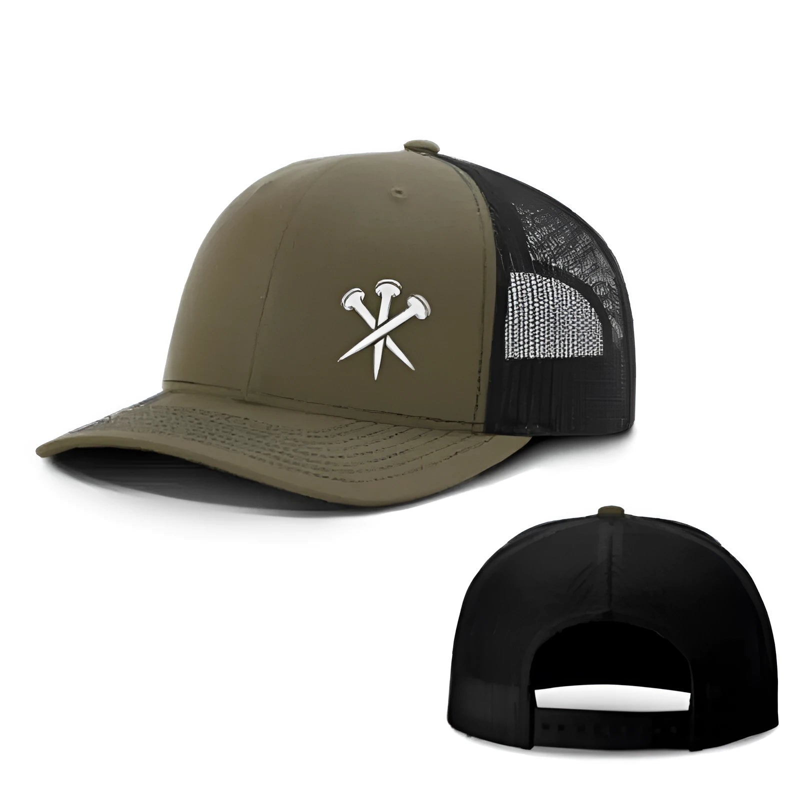 Army green adjustable sun protection hat with dome crown and machine-embroidered detailing