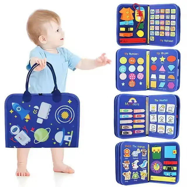 Felt busy board 28x44cm chemical fibre with attached puzzle pieces, blue and green dinosaur design