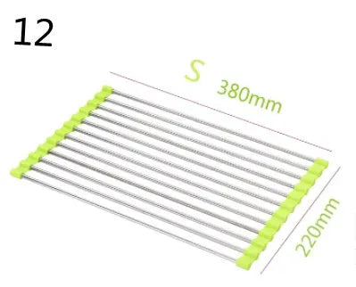 Folding stainless steel kitchen sink drying rack in red colour, shown extended for use.