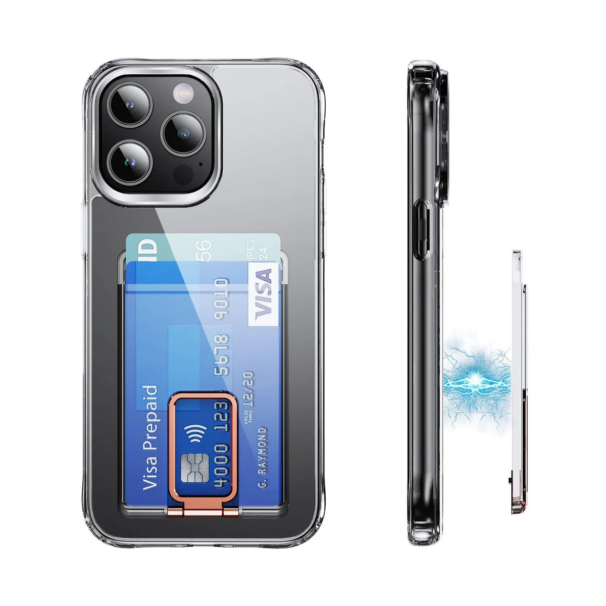 Magnetic card holder bracket with transparent support in black, silver, gold, and rose gold for phone back cover case
