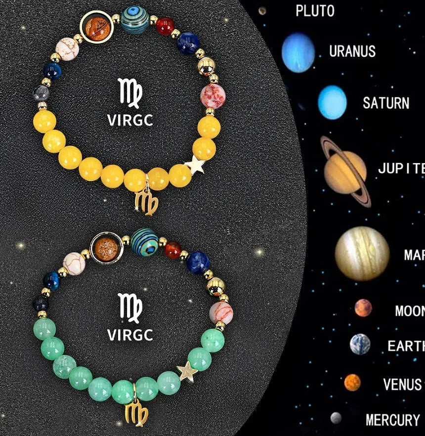 Two natural stone beaded bracelets showing different zodiac sign designs on a flat surface.