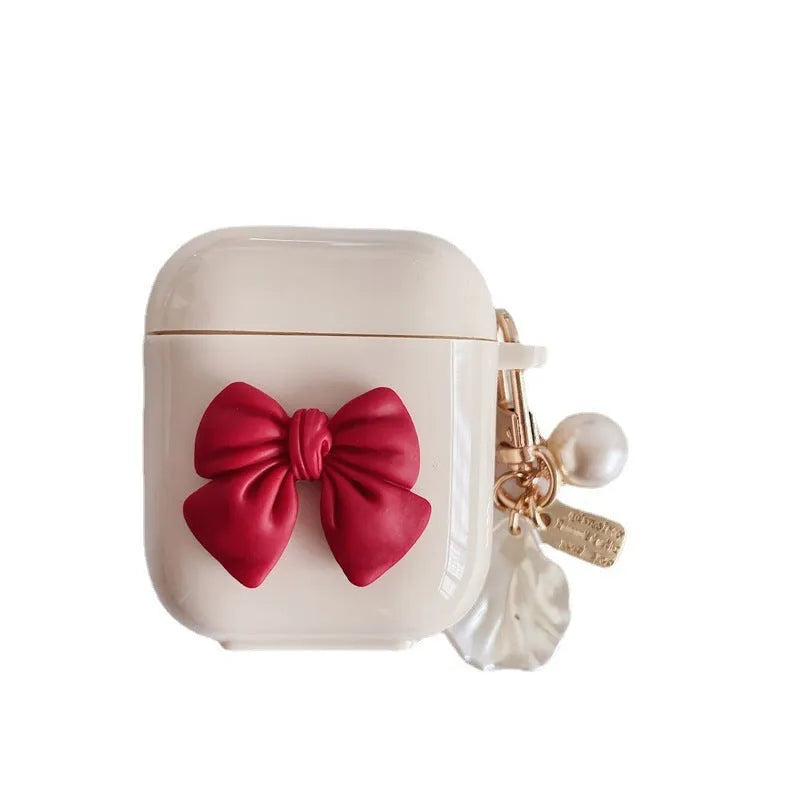 Beige TPU case with a red bow for AirPods and AirPods Pro wireless earphones