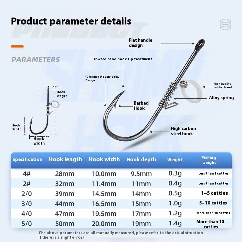 Pack of 10 spring rubber band sea fishing hooks for live shrimp, barbed points, sizes No 2 to No 5/0