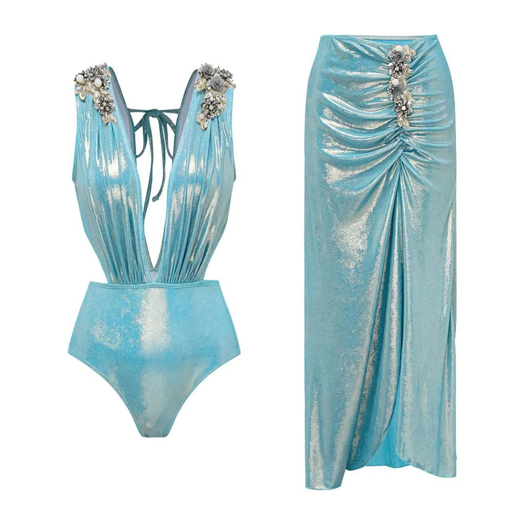 Women's floral swimsuit set with spaghetti straps, one-piece and two-piece options, in pink, red, blue, or gold.