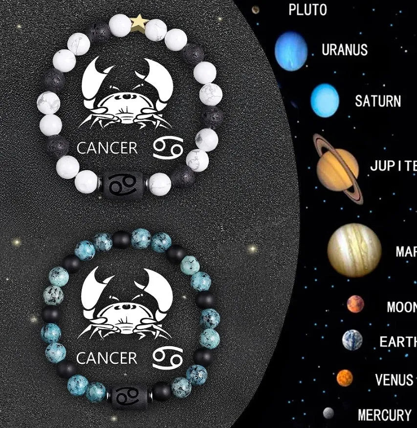 Set of twelve natural stone beaded bracelets for zodiac signs on elasticated string.