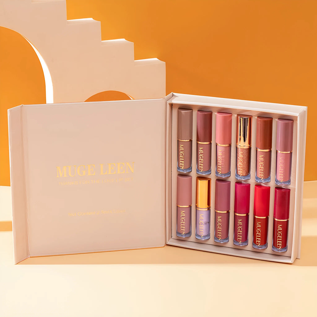 Matte shimmer lip glaze set with 12 colours featuring non-stick cup technology