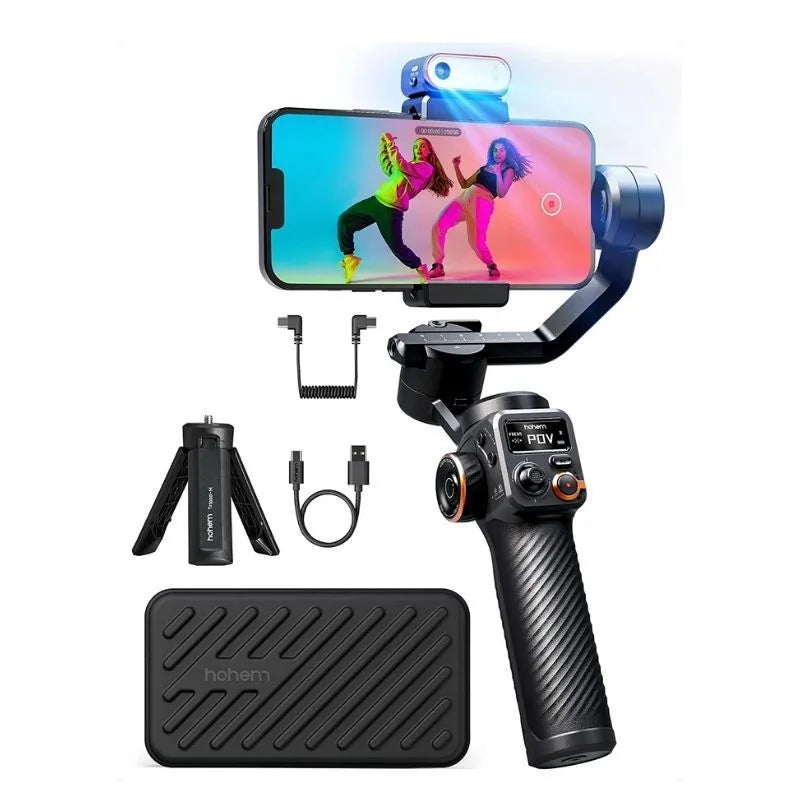 Black three-axis smartphone gimbal stabiliser with magnetic AI fill light attached and tripod extended