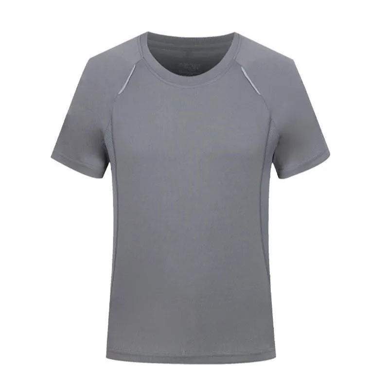 Men's slim fit quick-dry t-shirt in solid colours on a hanger, showing round neck and short sleeve design.