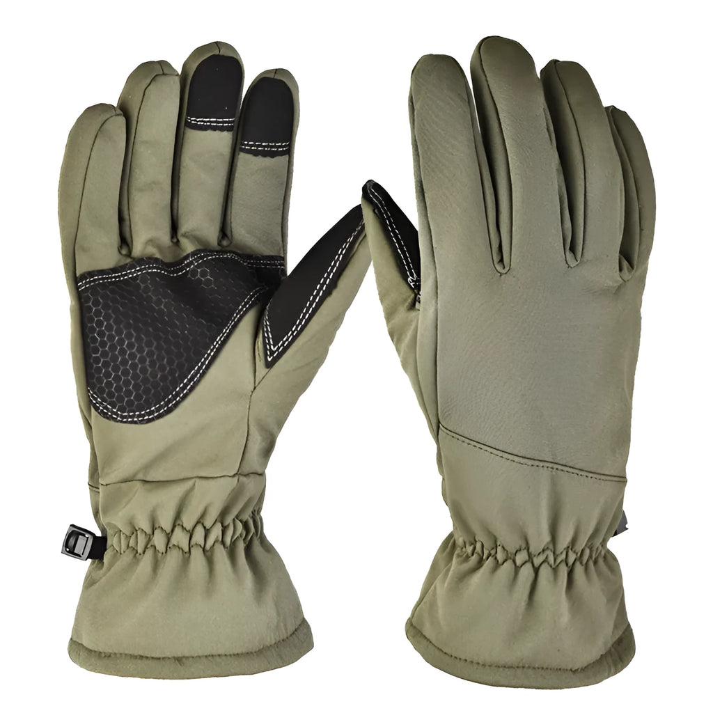 A pair of tactical camouflage ski gloves with touchscreen fingertips on a hand.