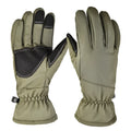A pair of tactical camouflage ski gloves with touchscreen fingertips on a hand.