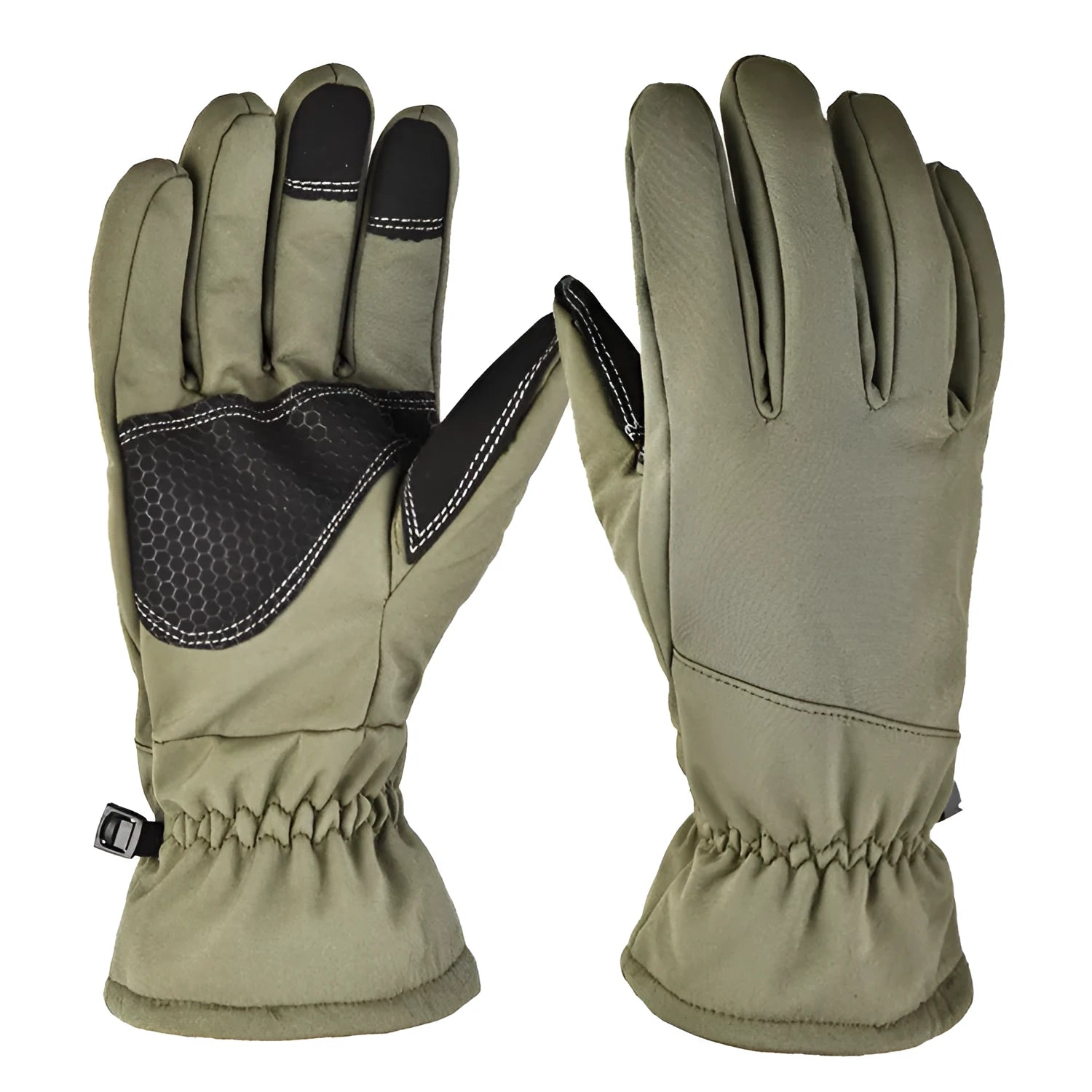 A pair of tactical camouflage ski gloves with touchscreen fingertips on a hand.