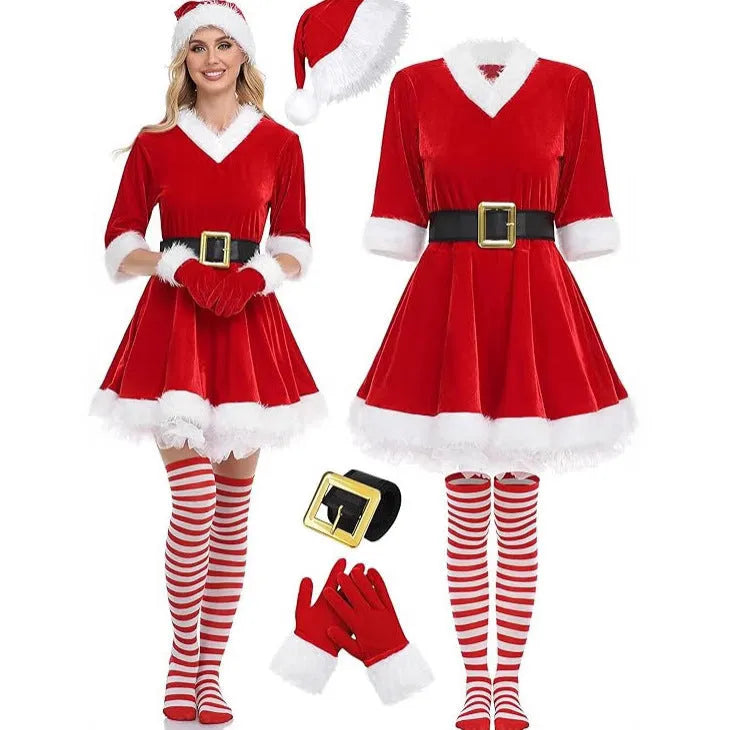 Christmas women's stage performance costume suit with cotton dress, belt, gloves, socks and hat in sizes M L XL