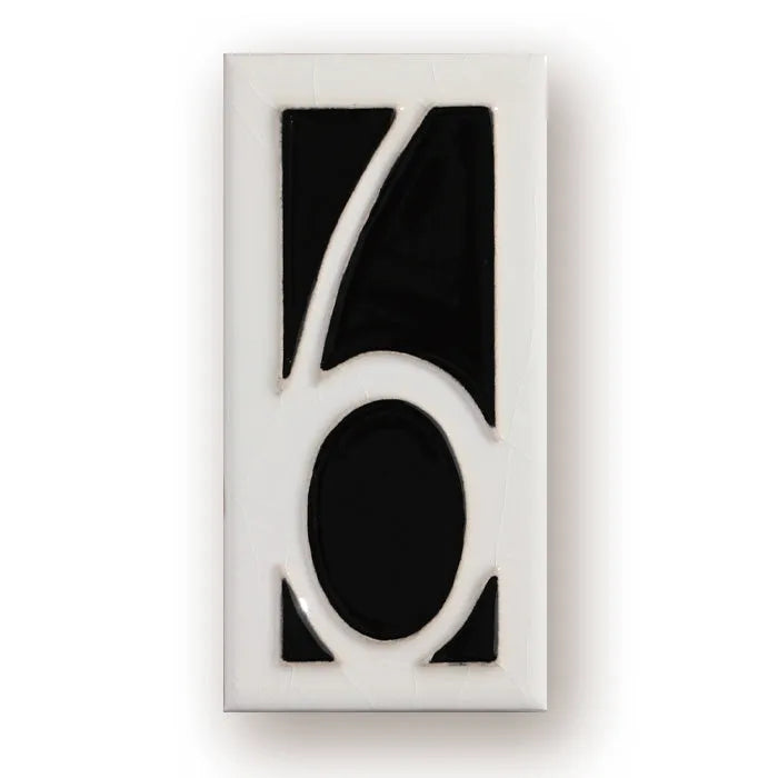 Handmade retro-style ceramic doorplate with an enamel art number on a white background.
