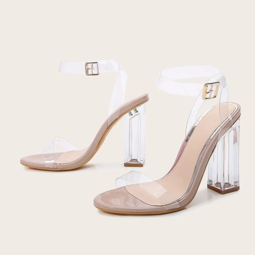 Apricot women's sandals with clear PVC glass high heel and ankle buckle strap.