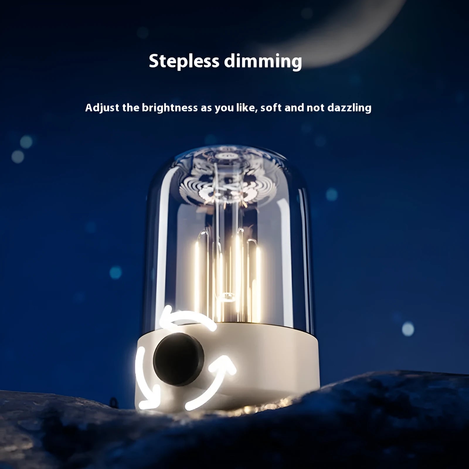 Beige and black camping light with dual lamp beads, control knob, and USB port for device charging