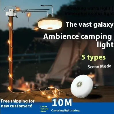 Charging multifunctional camping lantern with warm or colourful light, available in 8m, 10m, and 20m lengths.