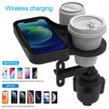 Car cup holder with wireless charging board, ABS and polyurethane construction, fits dashboard area