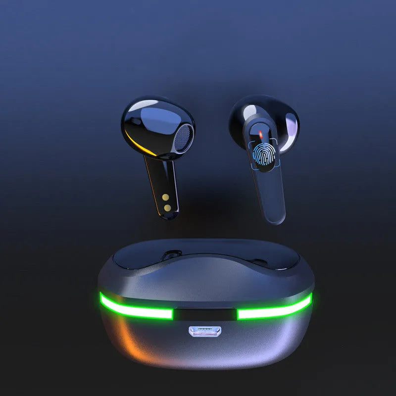 Black matte-finish Bluetooth headset with half-in-ear design and a USB charging case