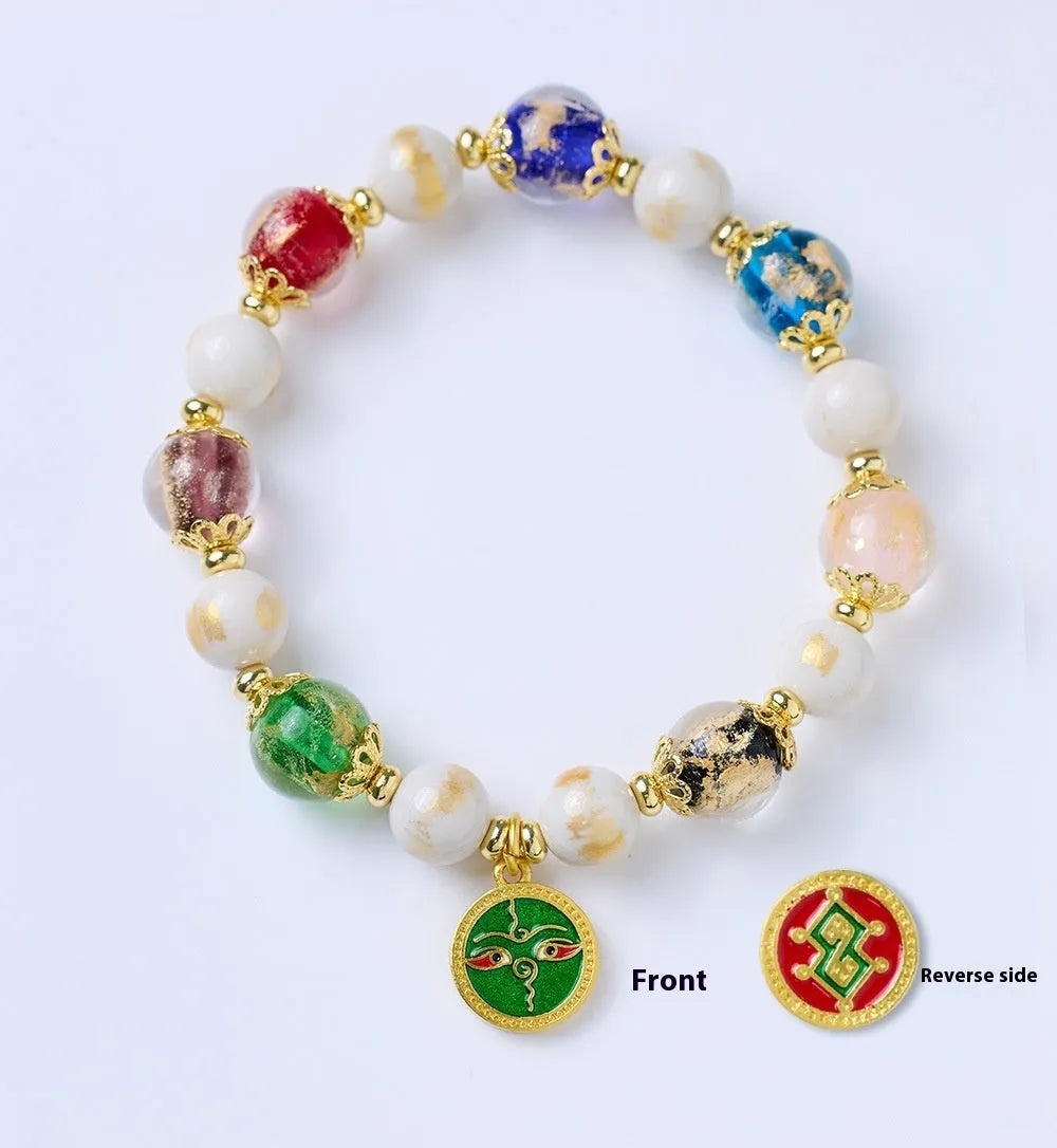 Handmade glazed bracelet with Five Gods of Wealth charm and 10mm geometric beads.