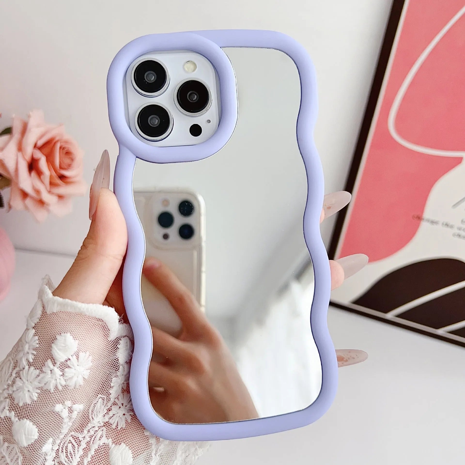 Silicone cloud wave phone case for iPhone 12-16, black back cover with mirror and stereo elements