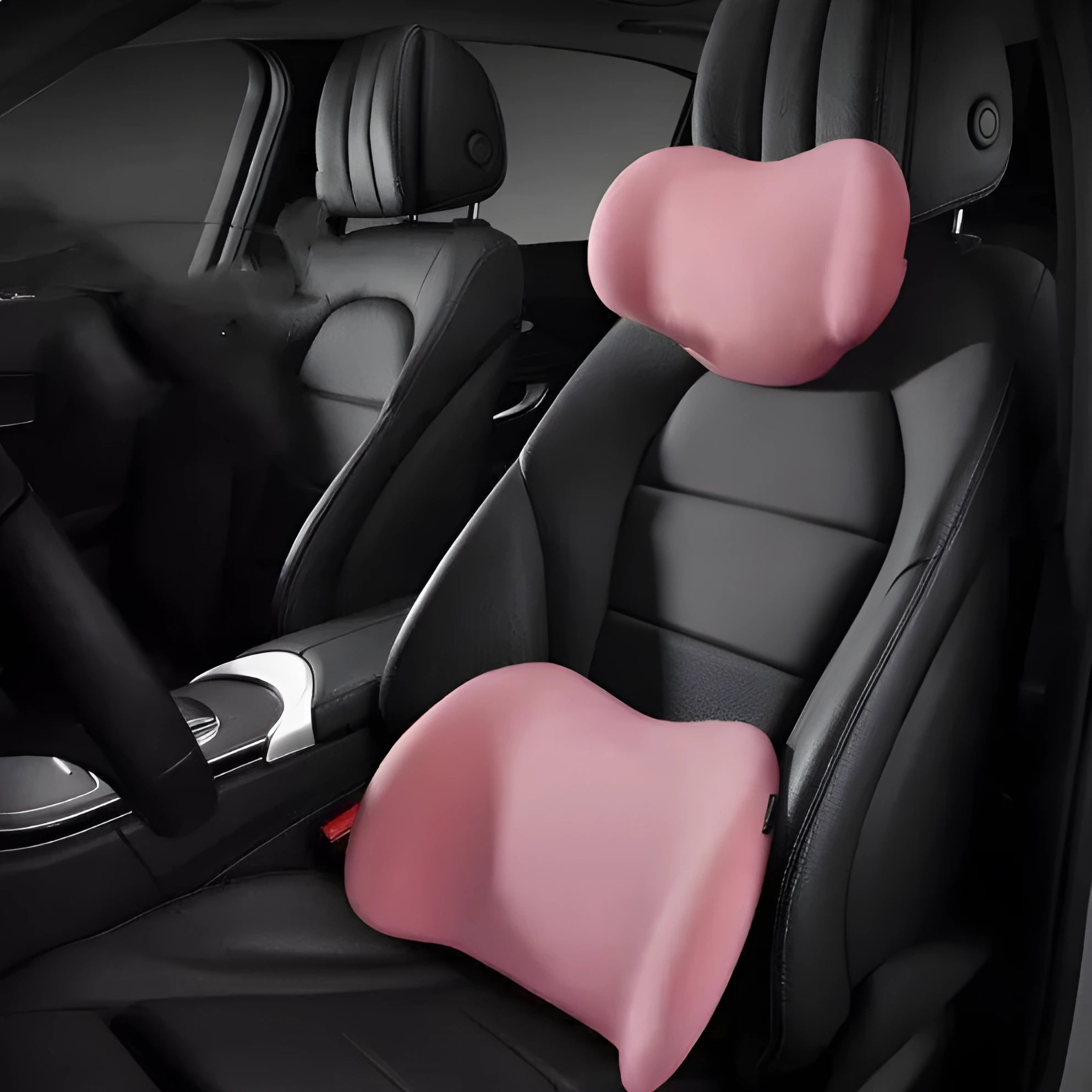 Black memory cotton car headrest and back cushion positioned on a car seat.