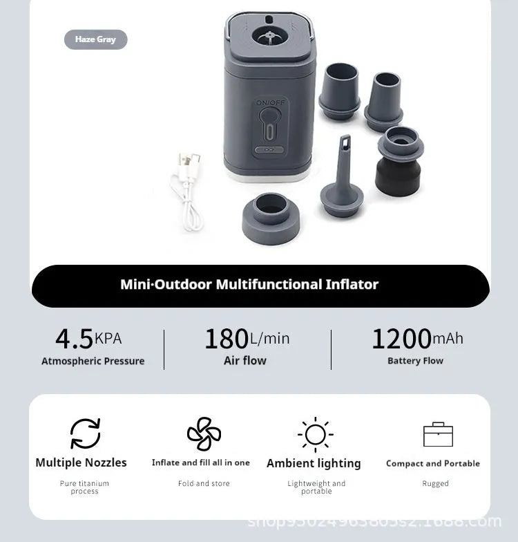 Mini electric air pump for camping mats in khaki, black, light bean green, or gray colour options