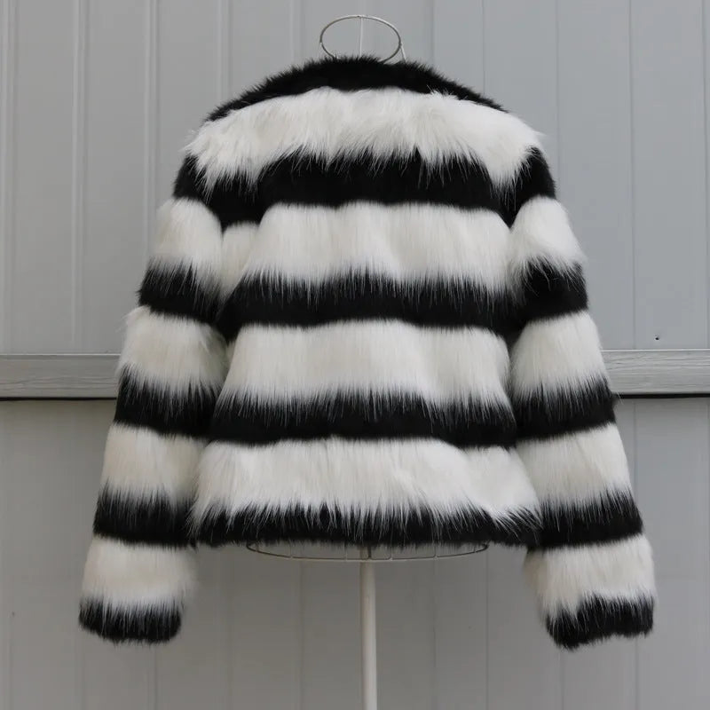 Women's black and white striped artificial fur leather jacket with regular sleeves