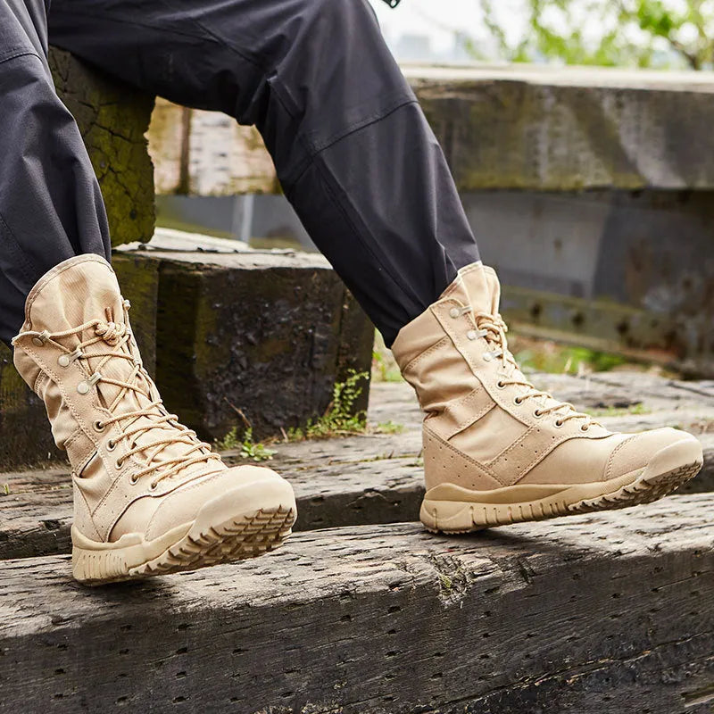 Yulong tactical desert combat boots in black and sand colours for outdoor climbing and hiking