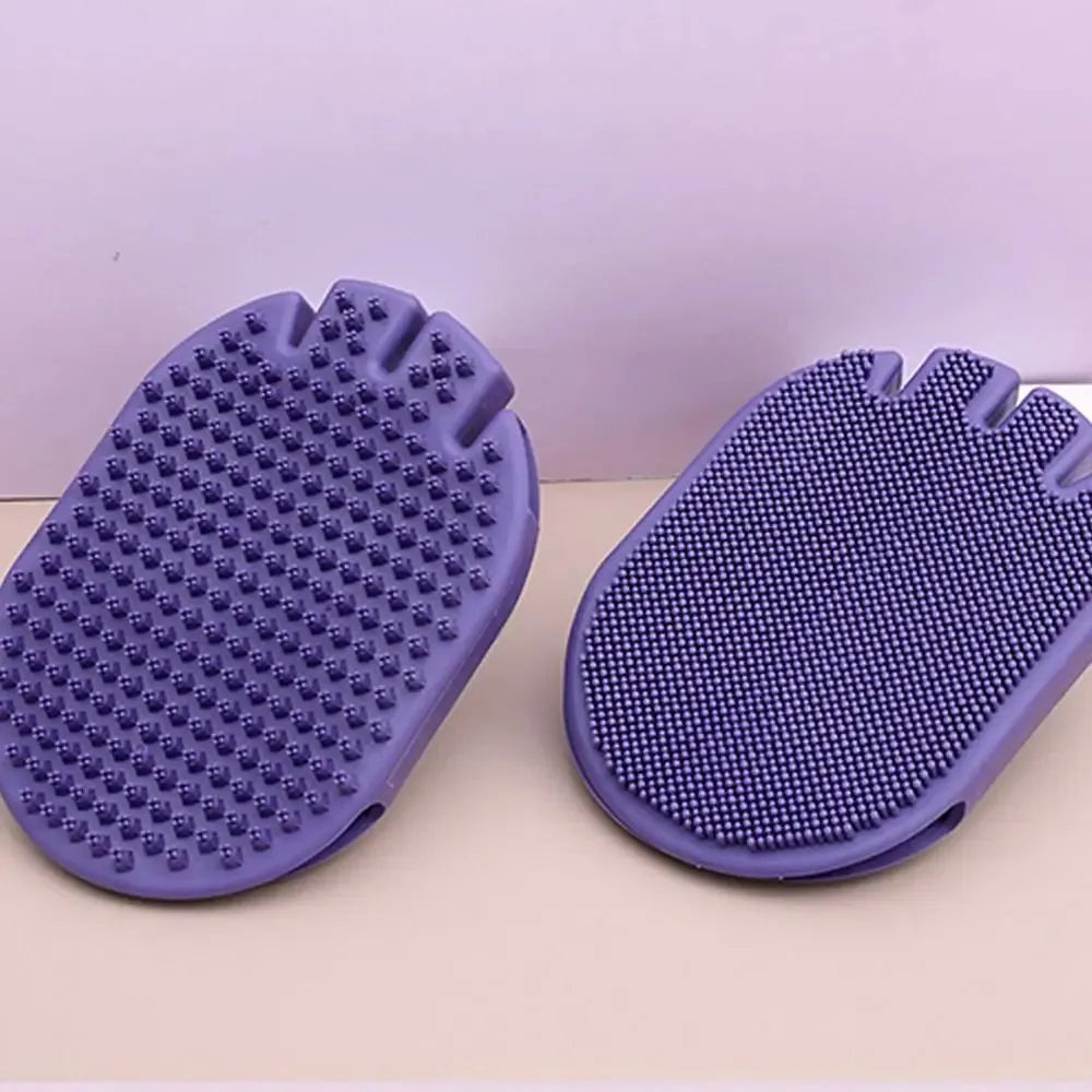 Purple dual-sided silicone pet shampoo and massage brush with soft TPR bristles