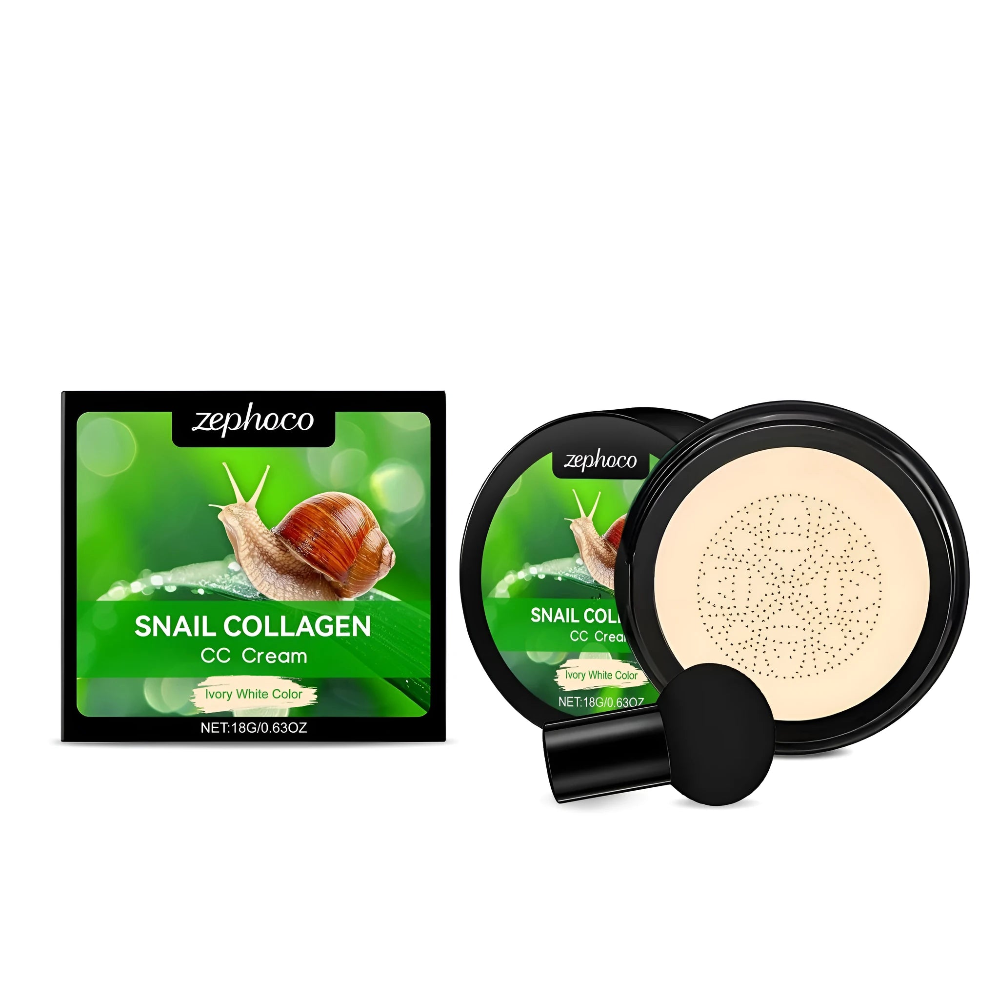 ZEPHOCO CC cream tube and mushroom powder puff in ivory white or natural colour.
