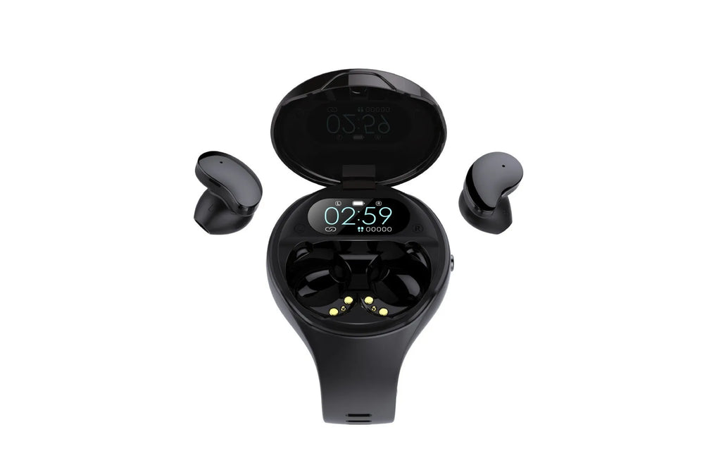 Black detachable smart bracelet and Bluetooth headset combo on a wrist