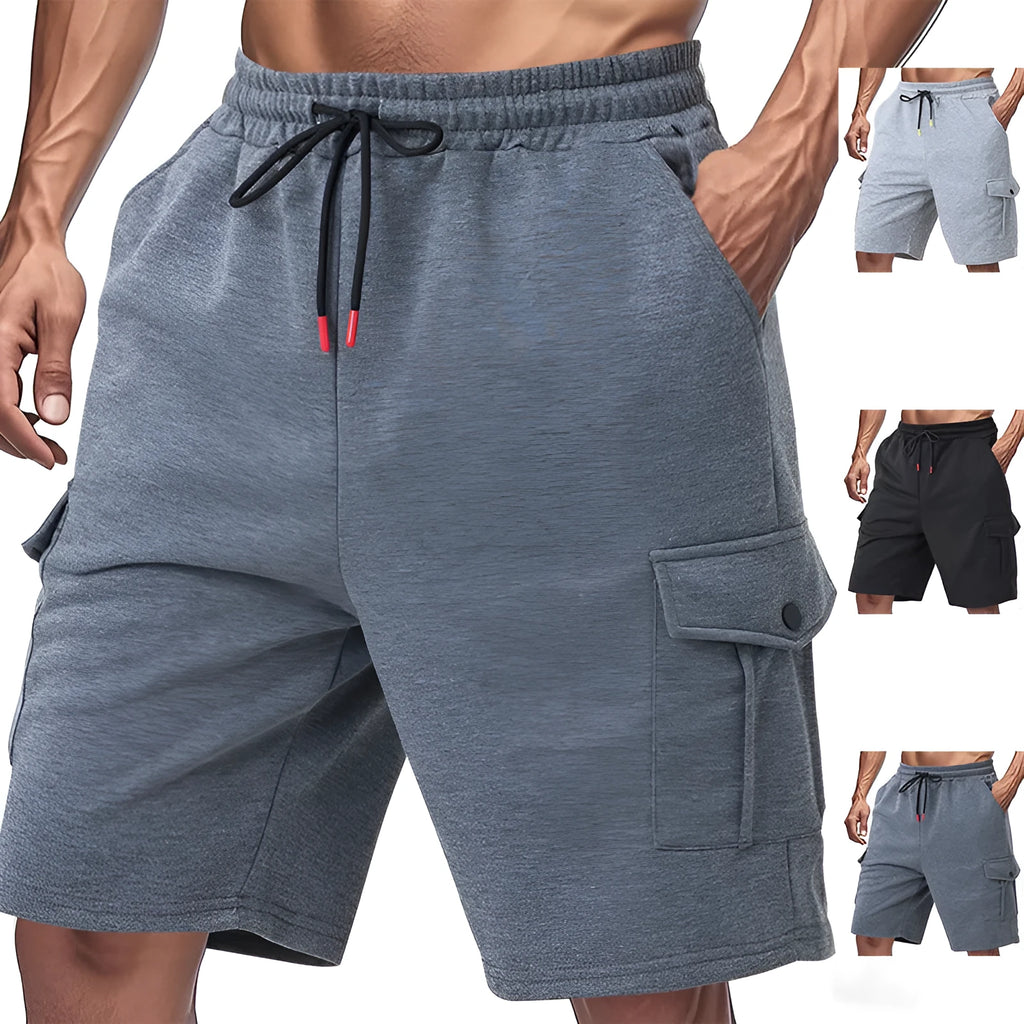 Light grey loose-fit sports cargo shorts made from terry fabric, showing multiple pockets and a casual silhouette.