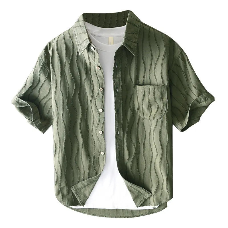 Men's apricot pure cotton loose fit short sleeve casual shirt on a hanger.